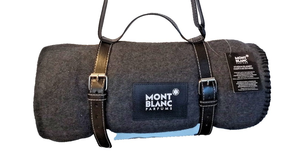 Mont Blanc Parfums Stadium Blanket Gray Fleece Faux Leather Carry Strap NWT